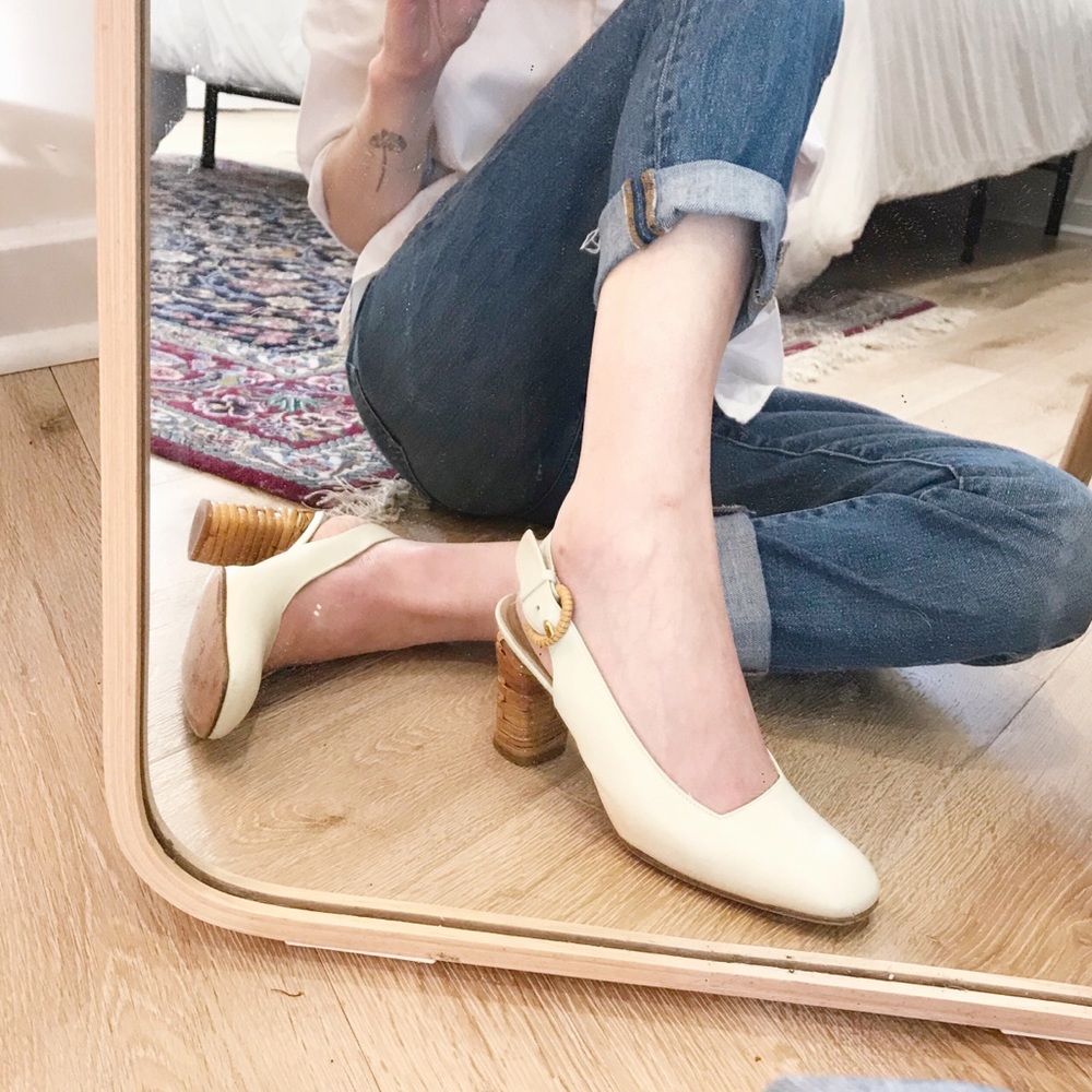 Vintage Stuart Weitzman white block heel wicker